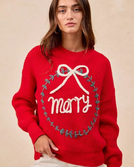 BiBi Christmas Wreath Merry Letter Knit Top - Sleekdenim.com