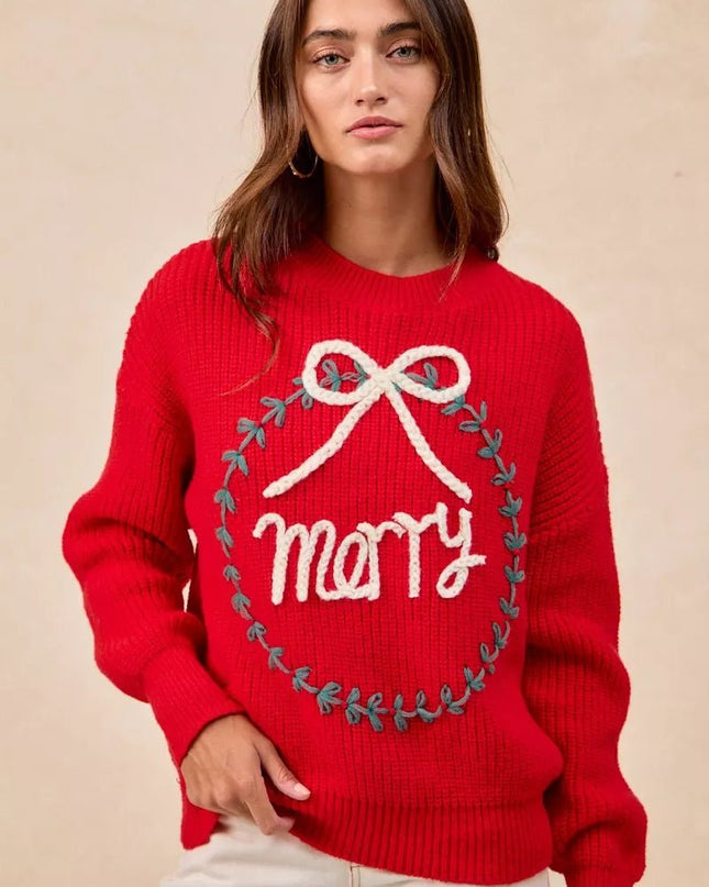 BiBi Christmas Wreath Merry Letter Knit Top - Sleekdenim.com
