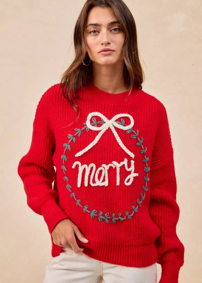 BiBi Christmas Wreath Merry Letter Knit Top - Sleekdenim.com