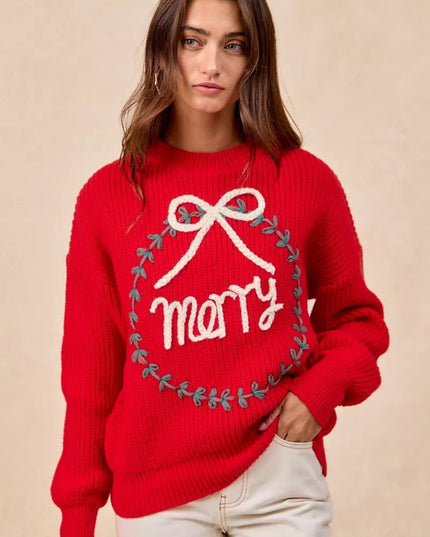 BiBi Christmas Wreath Merry Letter Knit Top - Sleekdenim.com