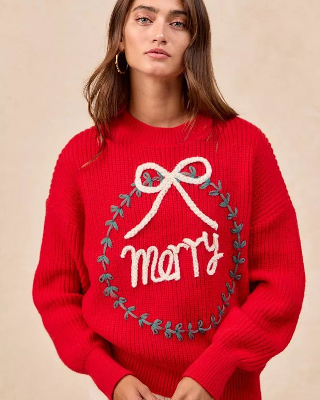 BiBi Christmas Wreath Merry Letter Knit Top - Sleekdenim.com