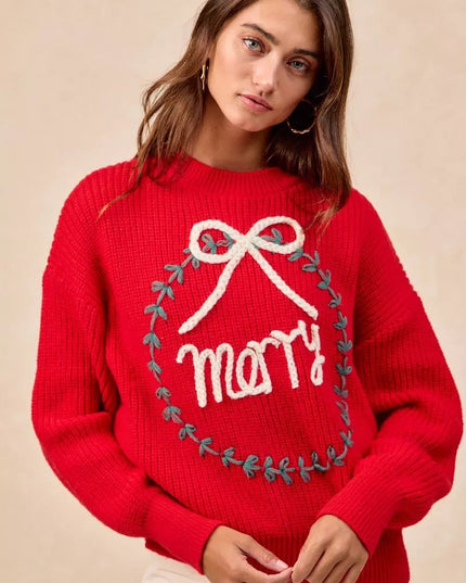 BiBi Christmas Wreath Merry Letter Knit Top - Sleekdenim.com