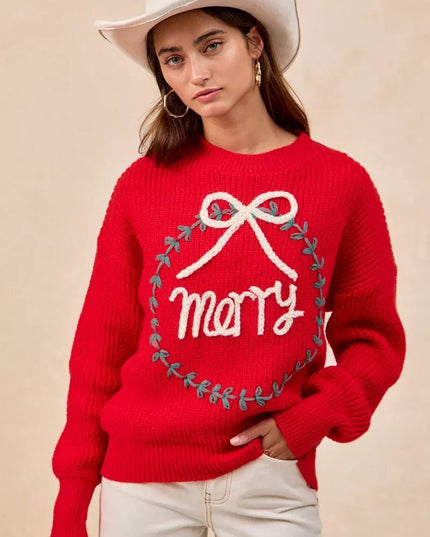 BiBi Christmas Wreath Merry Letter Knit Top - Sleekdenim.com