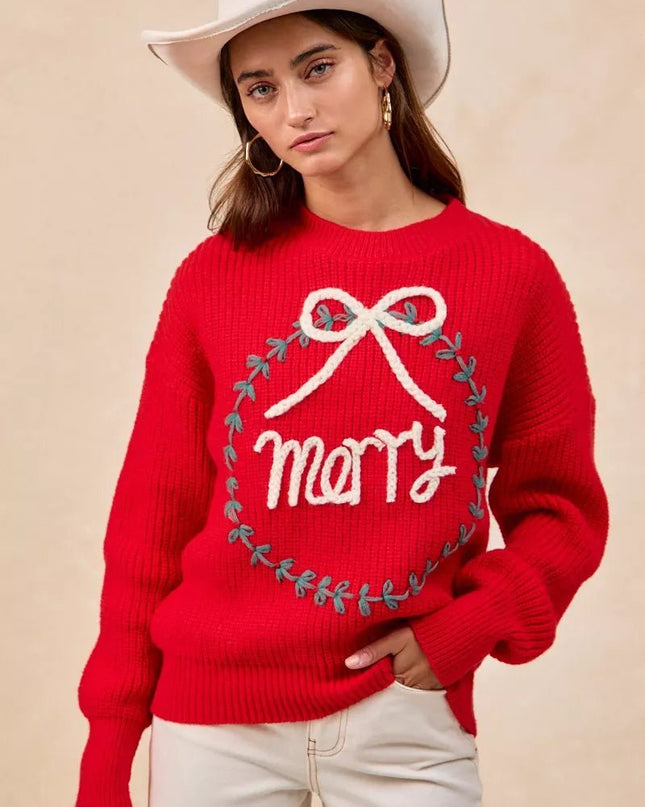 BiBi Christmas Wreath Merry Letter Knit Top - Sleekdenim.com