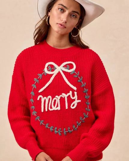 BiBi Christmas Wreath Merry Letter Knit Top - Sleekdenim.com