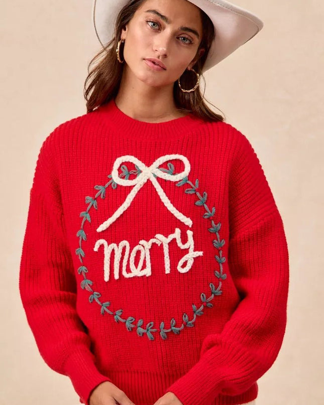 BiBi Christmas Wreath Merry Letter Knit Top - Sleekdenim.com