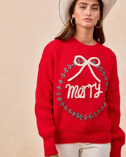 BiBi Christmas Wreath Merry Letter Knit Top - Sleekdenim.com