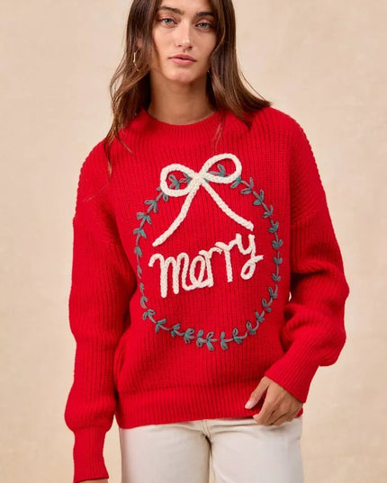 BiBi Christmas Wreath Merry Letter Knit Top - Sleekdenim.com
