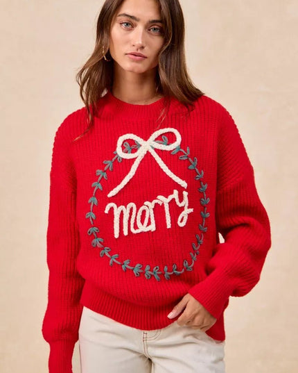 BiBi Christmas Wreath Merry Letter Knit Top - Sleekdenim.com