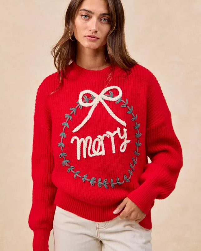 BiBi Christmas Wreath Merry Letter Knit Top - Sleekdenim.com