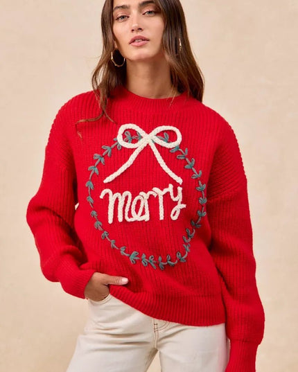 BiBi Christmas Wreath Merry Letter Knit Top - Sleekdenim.com