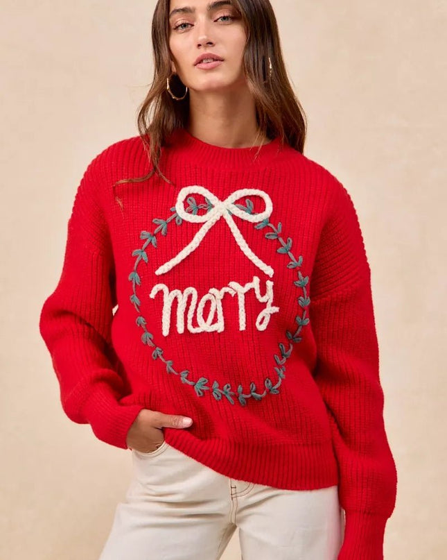 BiBi Christmas Wreath Merry Letter Knit Top - Sleekdenim.com