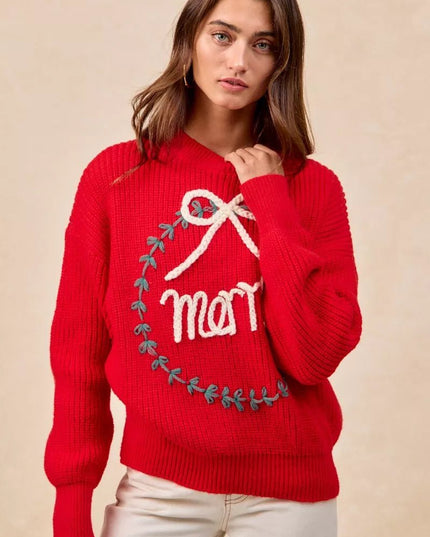 BiBi Christmas Wreath Merry Letter Knit Top - Sleekdenim.com