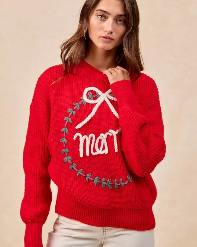 BiBi Christmas Wreath Merry Letter Knit Top - Sleekdenim.com