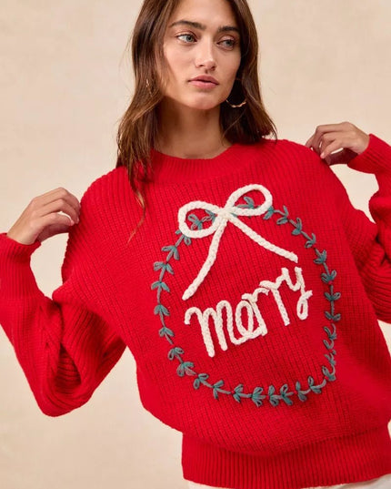 BiBi Christmas Wreath Merry Letter Knit Top - Sleekdenim.com
