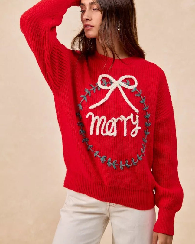 BiBi Christmas Wreath Merry Letter Knit Top - Sleekdenim.com