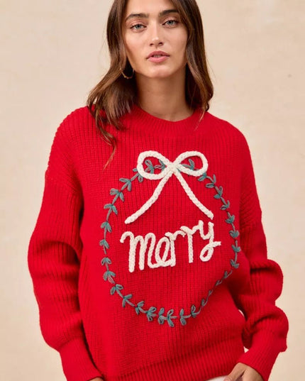 BiBi Christmas Wreath Merry Letter Knit Top - Sleekdenim.com