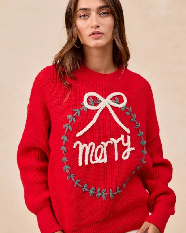 BiBi Christmas Wreath Merry Letter Knit Top - Sleekdenim.com