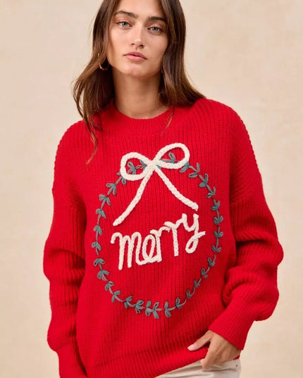 BiBi Christmas Wreath Merry Letter Knit Top - Sleekdenim.com