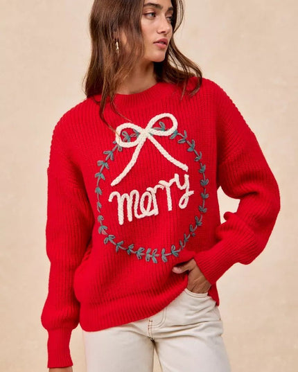 BiBi Christmas Wreath Merry Letter Knit Top - Sleekdenim.com