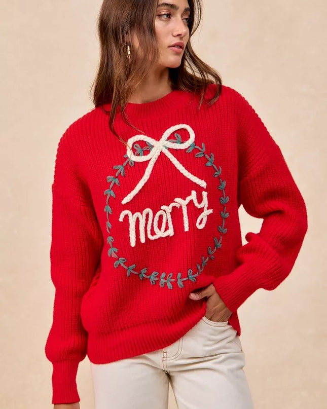 BiBi Christmas Wreath Merry Letter Knit Top - Sleekdenim.com