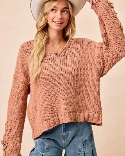 BiBi Chunky Knit Sweater with Flower Detail Sleeves - Sleekdenim.com