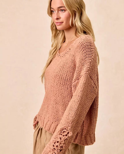 BiBi Chunky Knit Sweater with Flower Detail Sleeves - Sleekdenim.com