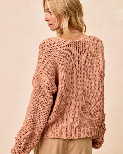 BiBi Chunky Knit Sweater with Flower Detail Sleeves - Sleekdenim.com