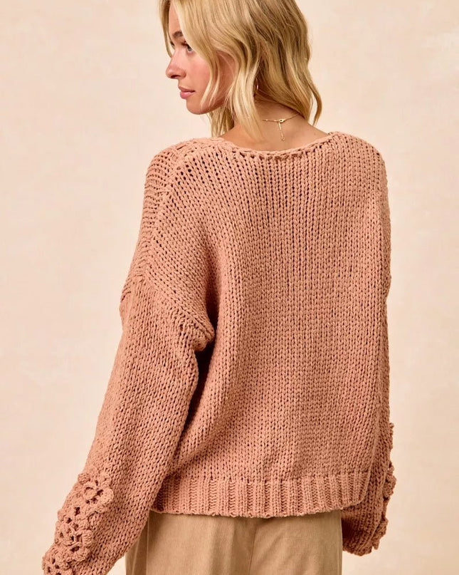 BiBi Chunky Knit Sweater with Flower Detail Sleeves - Sleekdenim.com