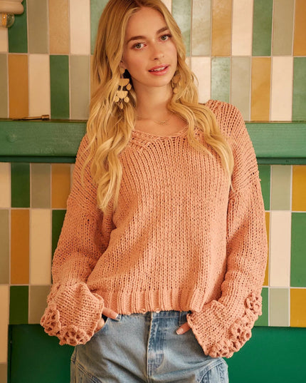 BiBi Chunky Knit Sweater with Flower Detail Sleeves - Sleekdenim.com