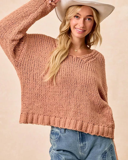BiBi Chunky Knit Sweater with Flower Detail Sleeves - Sleekdenim.com