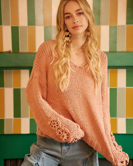 BiBi Chunky Knit Sweater with Flower Detail Sleeves - Sleekdenim.com