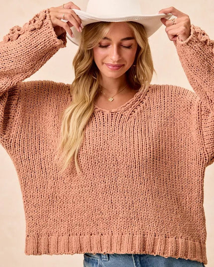 BiBi Chunky Knit Sweater with Flower Detail Sleeves - Sleekdenim.com