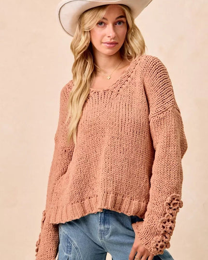 BiBi Chunky Knit Sweater with Flower Detail Sleeves - Sleekdenim.com