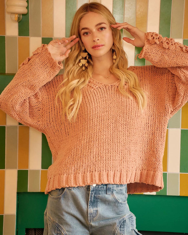 BiBi Chunky Knit Sweater with Flower Detail Sleeves - Sleekdenim.com