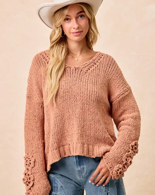 BiBi Chunky Knit Sweater with Flower Detail Sleeves - Sleekdenim.com