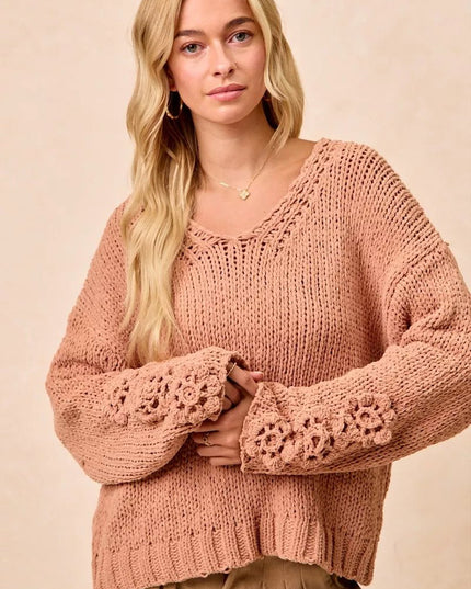 BiBi Chunky Knit Sweater with Flower Detail Sleeves - Sleekdenim.com