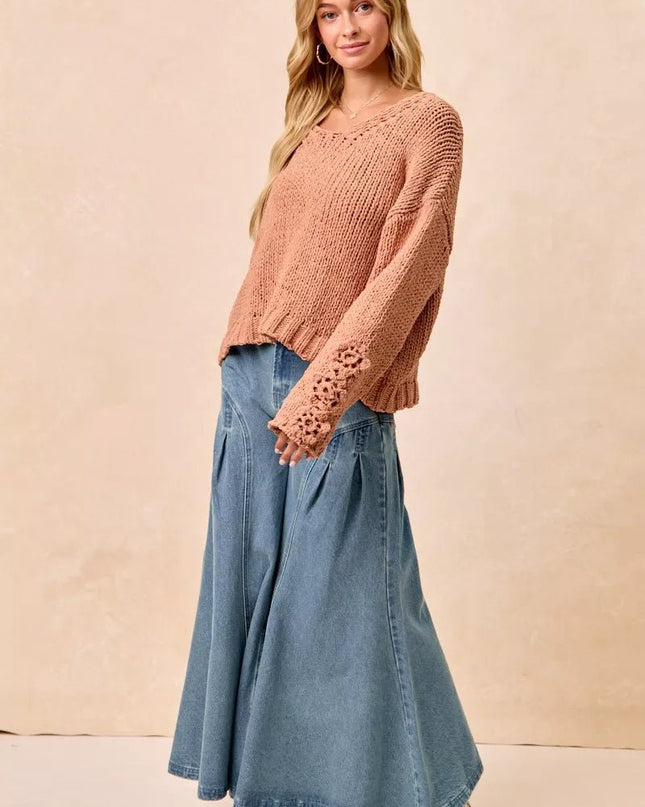 BiBi Chunky Knit Sweater with Flower Detail Sleeves - Sleekdenim.com