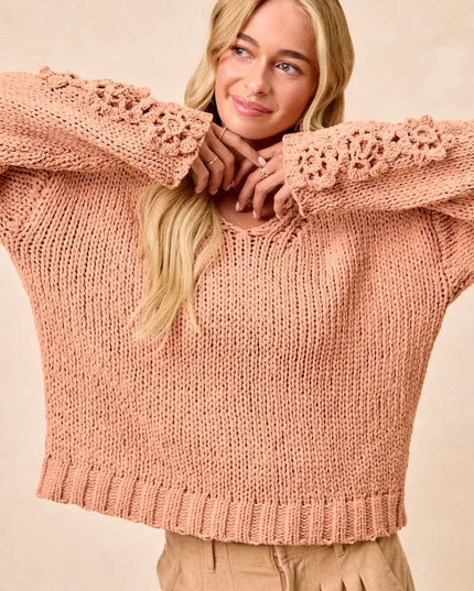 BiBi Chunky Knit Sweater with Flower Detail Sleeves - Sleekdenim.com