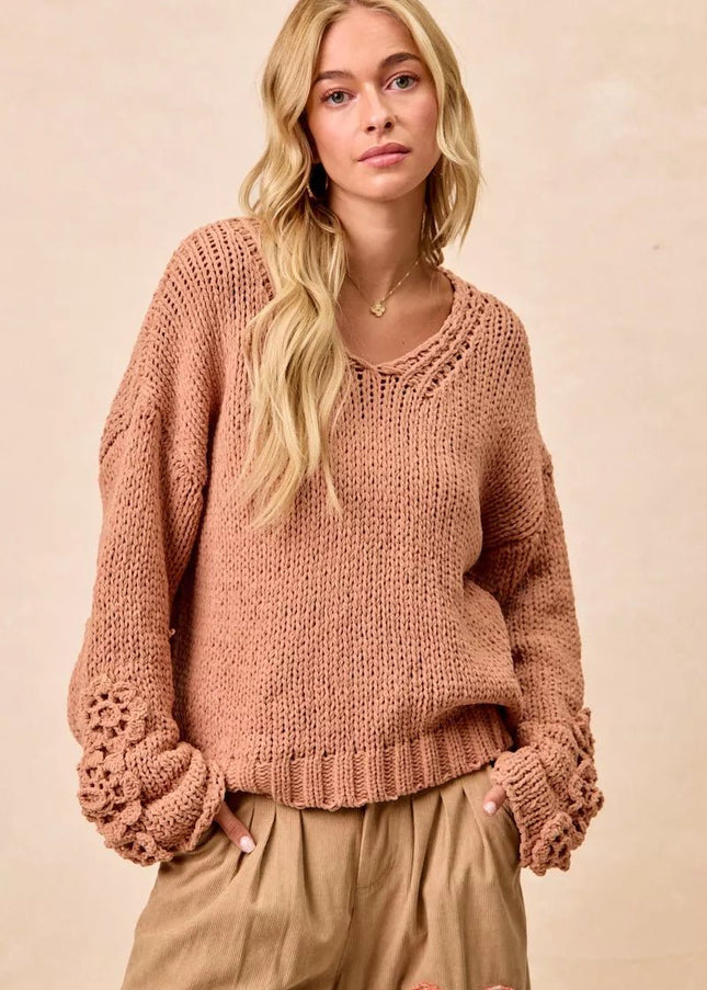 BiBi Chunky Knit Sweater with Flower Detail Sleeves - Sleekdenim.com