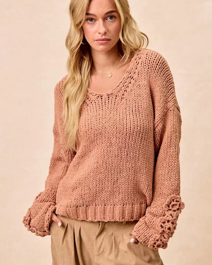 BiBi Chunky Knit Sweater with Flower Detail Sleeves - Sleekdenim.com