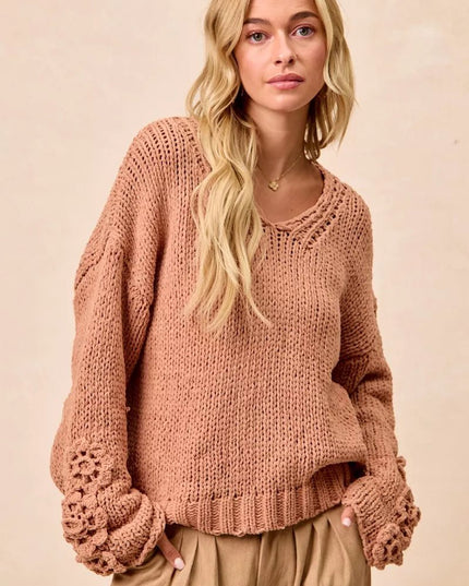 BiBi Chunky Knit Sweater with Flower Detail Sleeves - Sleekdenim.com