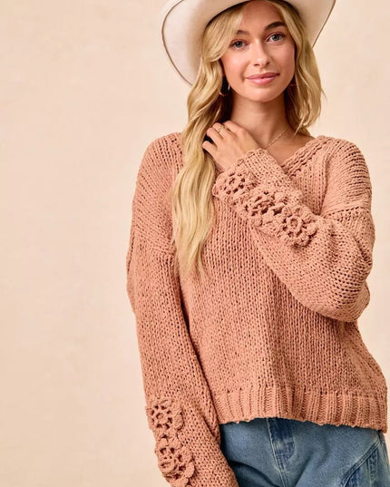 BiBi Chunky Knit Sweater with Flower Detail Sleeves - Sleekdenim.com