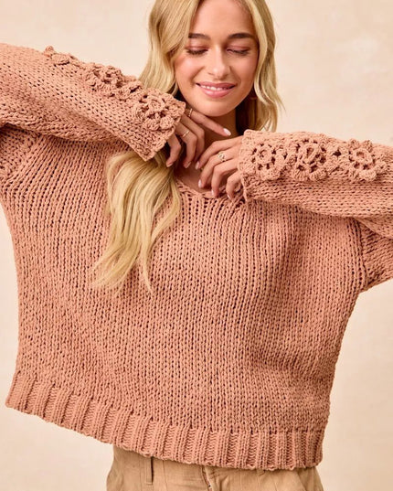 BiBi Chunky Knit Sweater with Flower Detail Sleeves - Sleekdenim.com