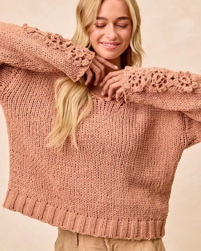 BiBi Chunky Knit Sweater with Flower Detail Sleeves - Sleekdenim.com