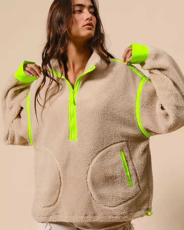 BiBi Contrast Edge Half Zip Up Sherpa Jacket - Sleekdenim.com