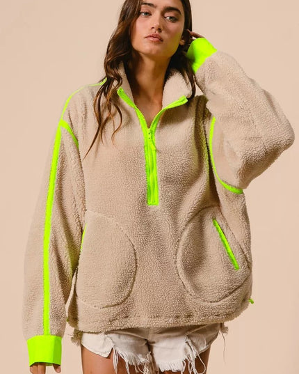 BiBi Contrast Edge Half Zip Up Sherpa Jacket - Sleekdenim.com