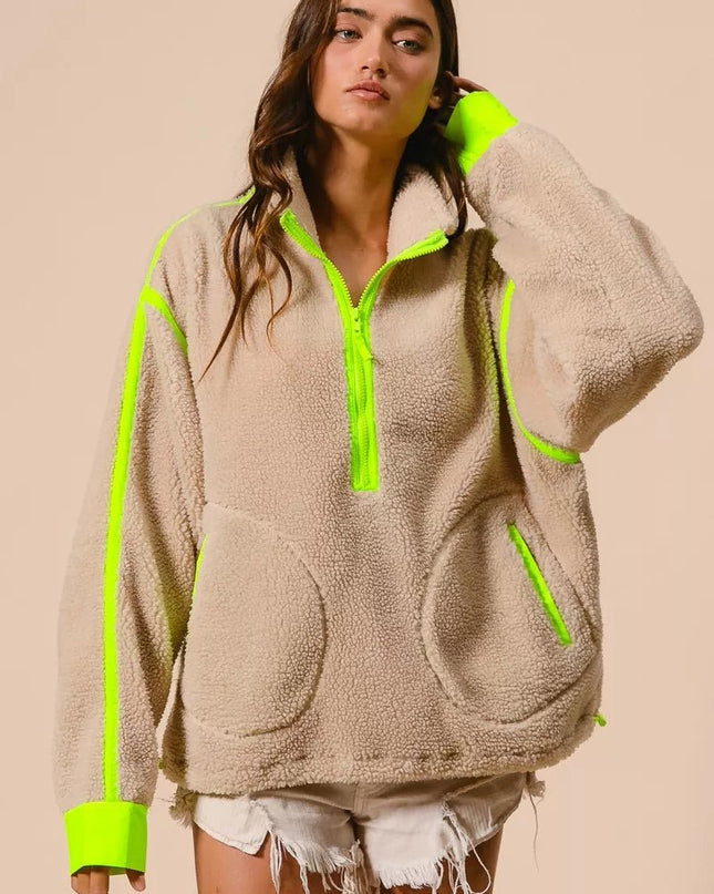 BiBi Contrast Edge Half Zip Up Sherpa Jacket - Sleekdenim.com