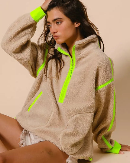 BiBi Contrast Edge Half Zip Up Sherpa Jacket - Sleekdenim.com