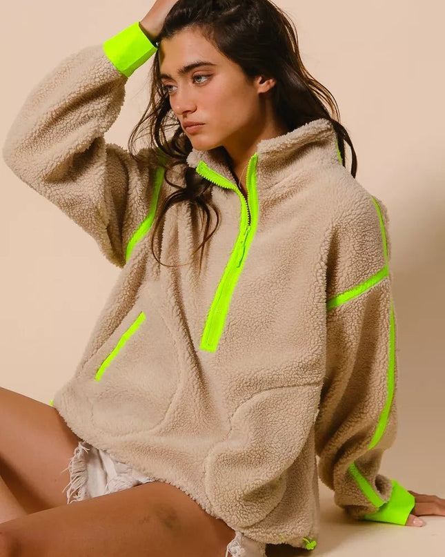 BiBi Contrast Edge Half Zip Up Sherpa Jacket - Sleekdenim.com